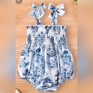 Girls Blue and White Printed Bubble Romper